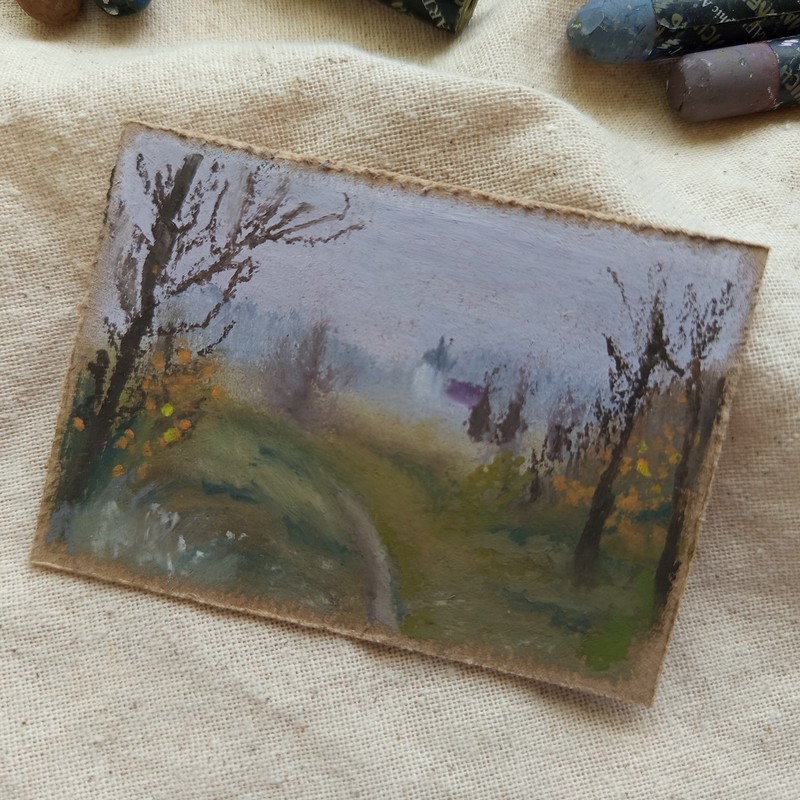 Original ACEO Moody Autumn Countryside Landscape Misty Path OOAK Miniature Art