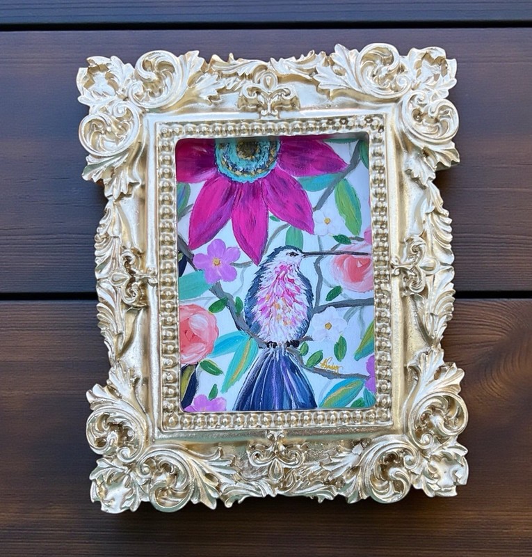 Hummingbird Floral mini watercolor bird print in gold vintage style ornate frame
