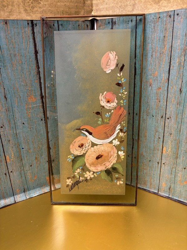 Glass*Brass Framed Panel Vintage Spring Wren Bird Hand Painted Signed 12”x6”