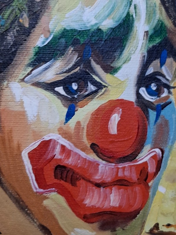 Sad Clown Framed Painting Impasto Vtg 80s Linen Covered Trim Mat Taupe 12"x10" gallery