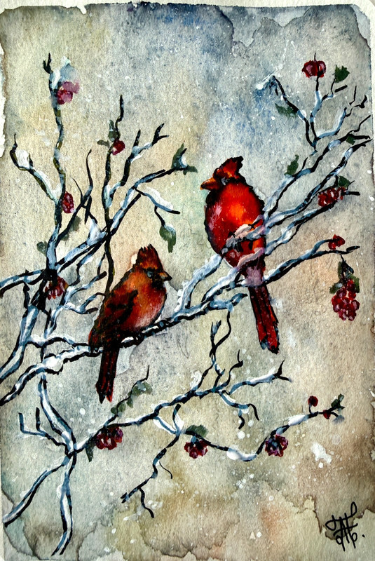 Red Cardinal Painting Bird Original Watercolor Art Small Wall Art Snow Artwork