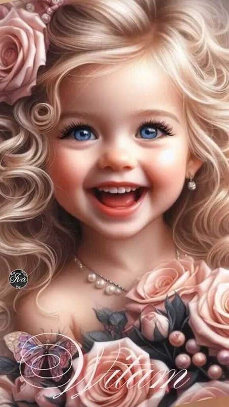 ACEO Art Card Pretty Happy Young Girl with a Joyful Smile with Pink Roses