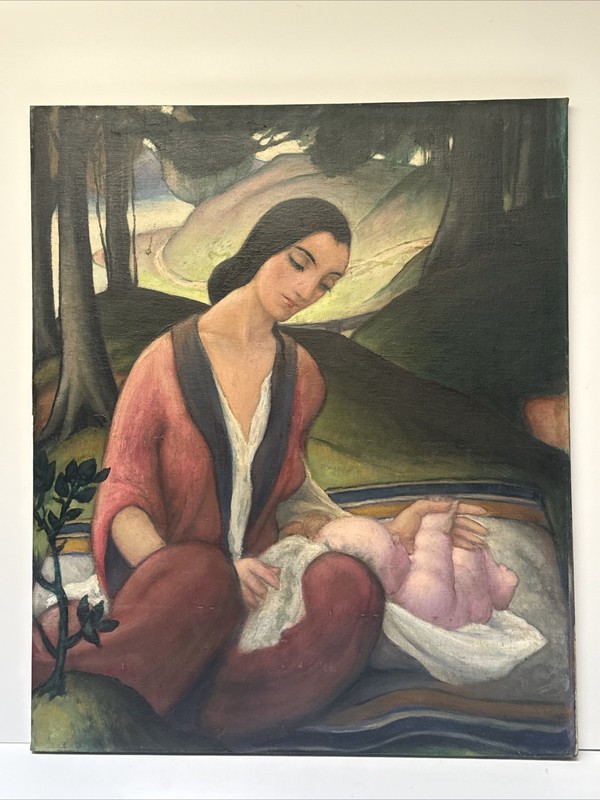 Antique Painting Art Deco Wpa Woman Women Landscape Regionalism Large Oil 1920’s