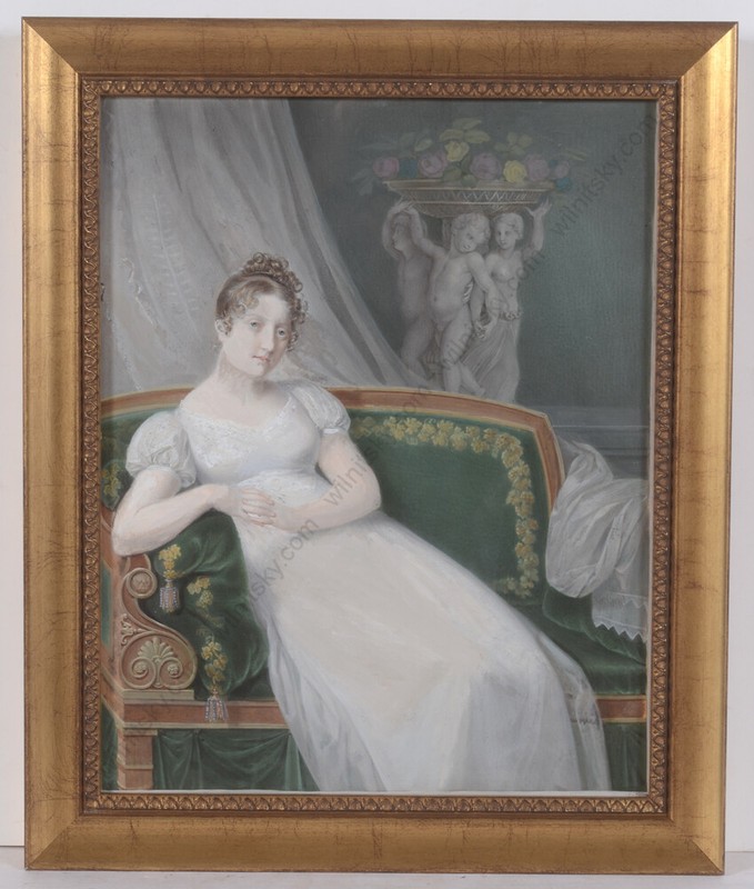 «Young woman seated on a canapé», superb quality French watercolor, ca.1815 (m)