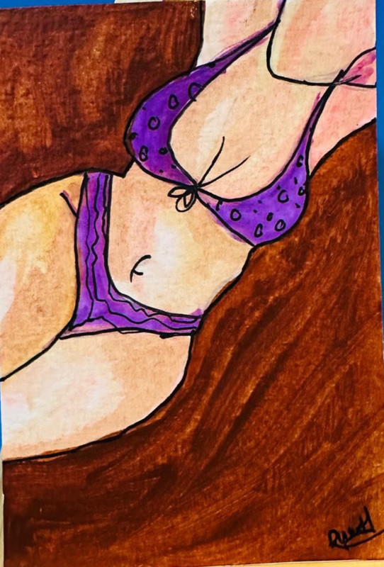 ACEO Original Sexy Woman Bikini Painting Purple Lingerie Art Mini OOAK Pinup New