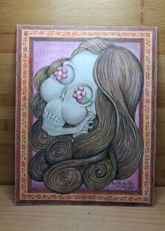 Original Art Color Pencil Drawing Day of the Dead Skeleton Calavera 8.5 x 11