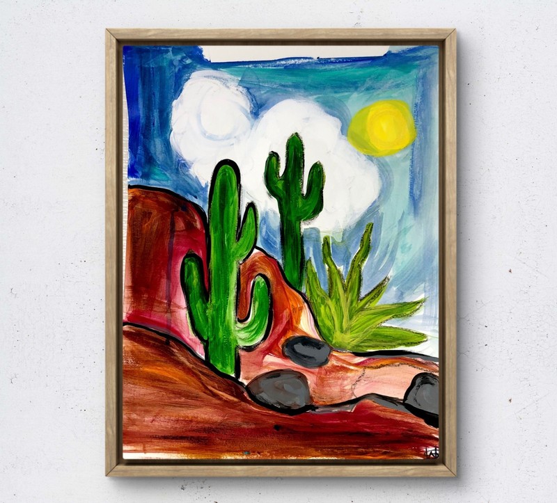 Wild desert cactus modern landscape wall art painting 14X11 gallery paper