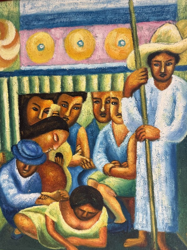 Original Oil Painting in the Style of Diego Rivera, Group of Mexican Figures gallery