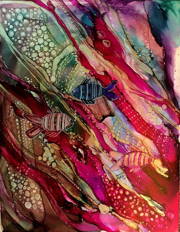 Original 11×14″ Metallic Gold Sea magenta Fish painting by Lynne Kohler