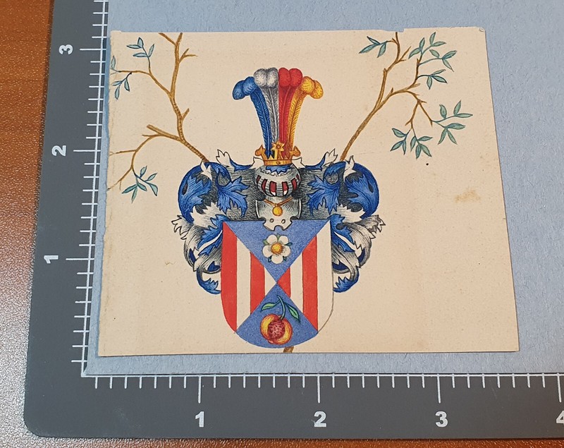 Antique 1800s handpainted Heraldic Family Crest Coat of Arm painting shield 1146