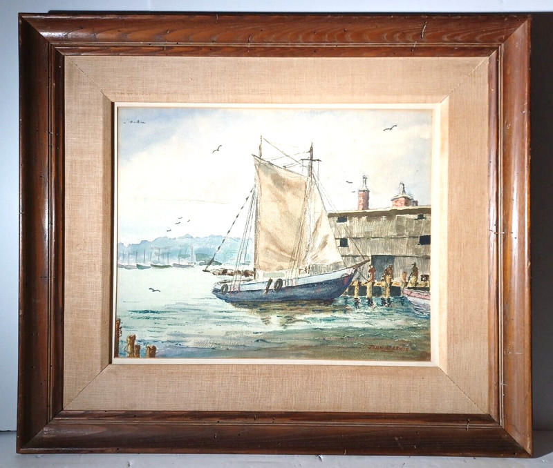 LISTED ENGLISH JOHN LEWIS Sd ORIGINAL W/C NAUTICAL SHIP at DOCK WOORMWOOD FRAME