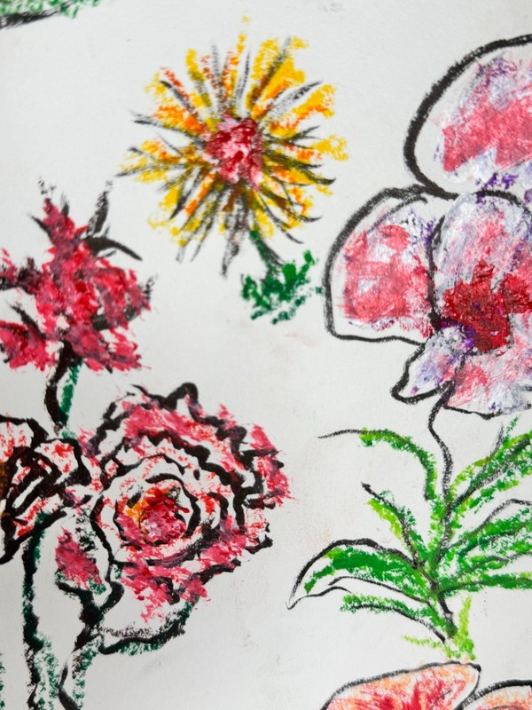 Original Mixed Media Floral Artwork 17x17 Whimsical Vase Drawing Oil Pastel Wall gallery