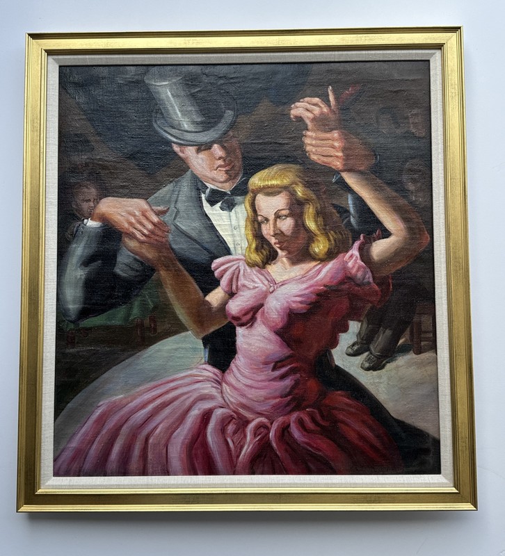 ANTIQUE PAINTING WPA STYLE ASHCAN PORTRAIT DANCING DANCE HALL MYSTERY ARTIST OIL gallery