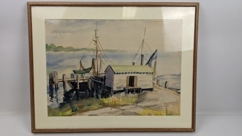 Vintage L. Allen Boat House Oceanscape Framed Watercolor Artist Signed 19×25