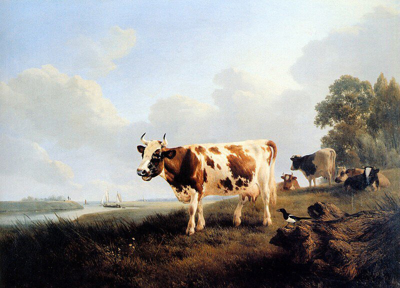 Oil painting Henriette Ronner Knip Meadow with cows by river landscape