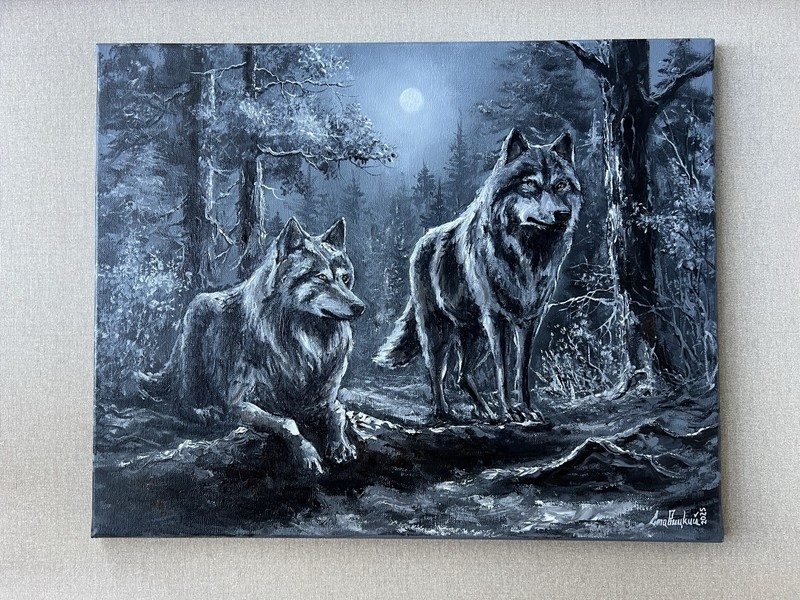 Moonlit Wolves Original Oil Painting, Winter Forest Pair wolves Art, Wolves love
