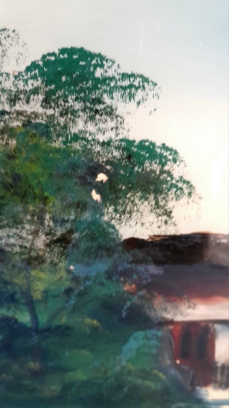 Vintage Reverse Painting on Glass Landscape Cabin in the woods w/Figure Lakeside gallery