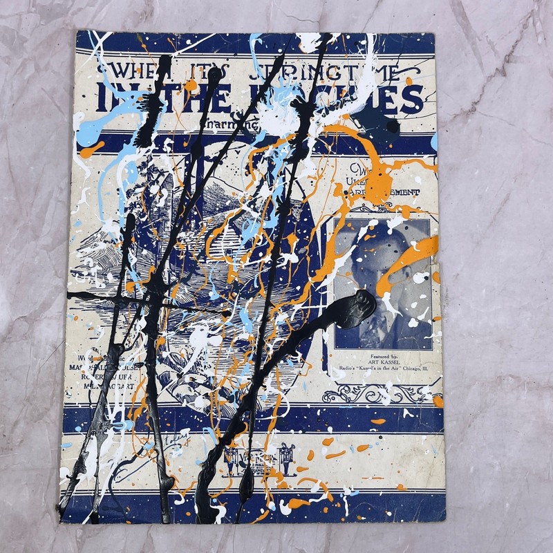 Original Abstract Art Painting Springtime in the Rockies on Antique Sheet Music gallery