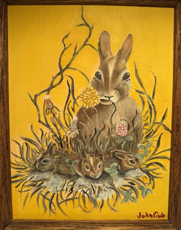 Vintage Original Oil Painting Mama Rabbit With Bunnies Framed Yellow SIGNED gallery