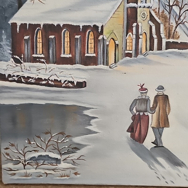 Moonlight Winter Village Scene Painting Signed 20" X 16" Sleigh Snow gallery