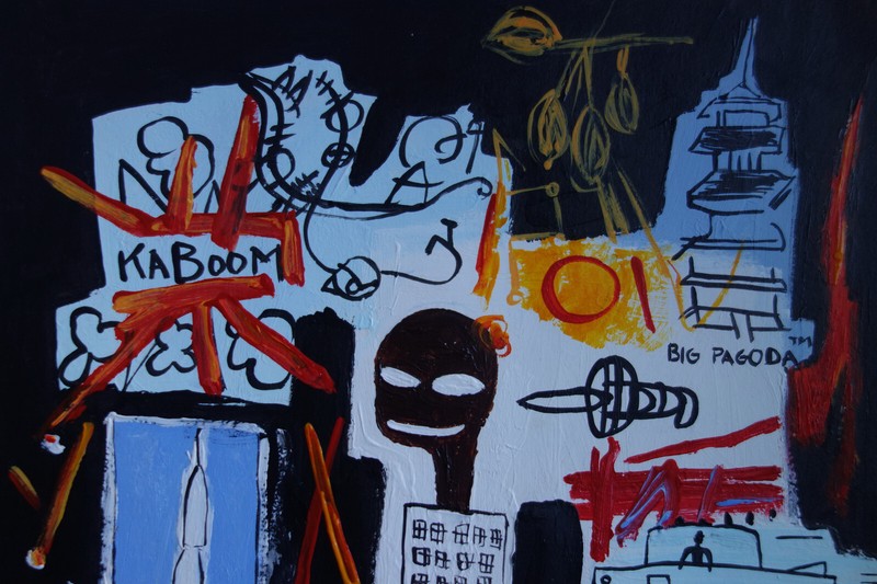 Fine unique painting – Expressive cityscape, signed Jean Michel Basquiat, w COA gallery