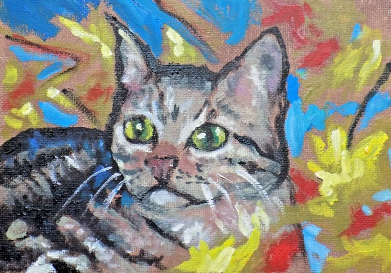 original oil painting wall art Kitty cat feline in a fall landscape small