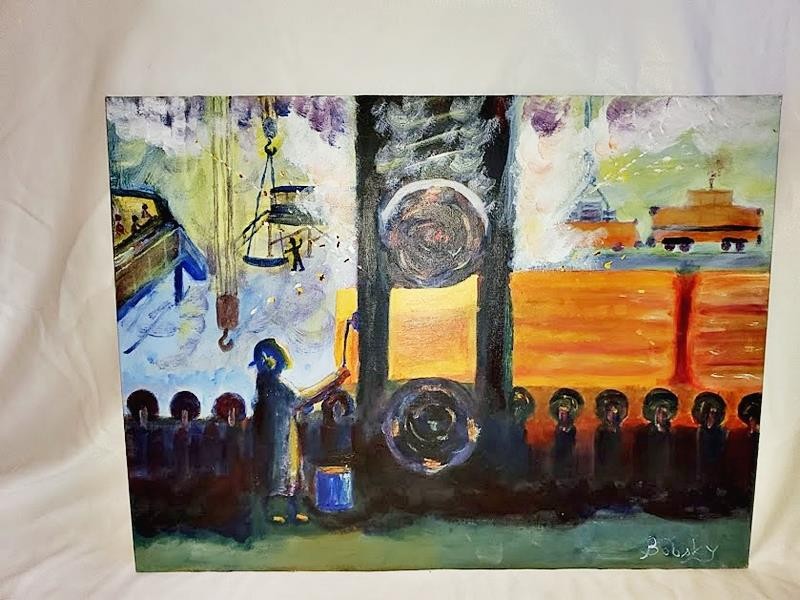Acrylic on Artist Canvas Panel Bethlehem Steel Press Forge #1 signed Bobsky