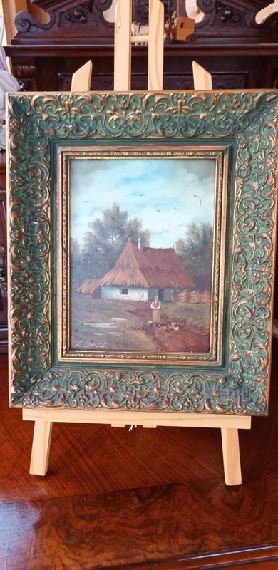Oil Painting Art Oil on Wood Peasant Woman with Chickens 33x28cm