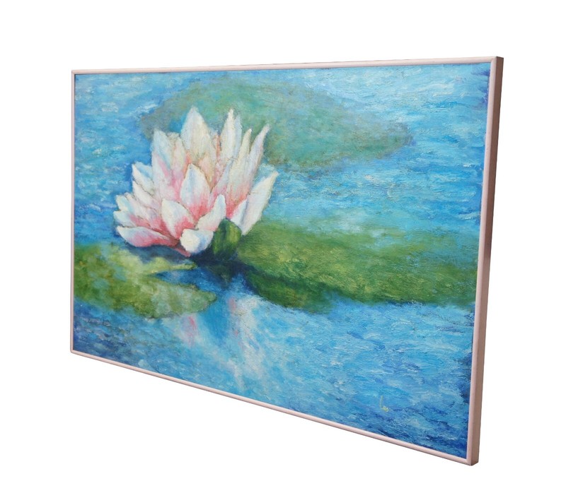 Large Vintage Impressionist Pink Water Lily Pad Oil Painting on Board 40" gallery