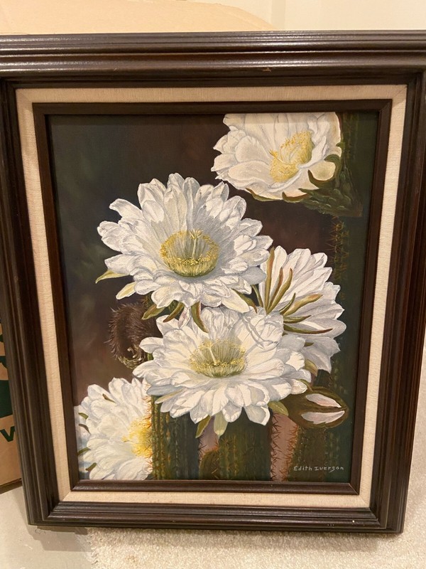 ORIGINAL Edith Iverson Acrylic White Flower Painting with Frame - Beautiful!