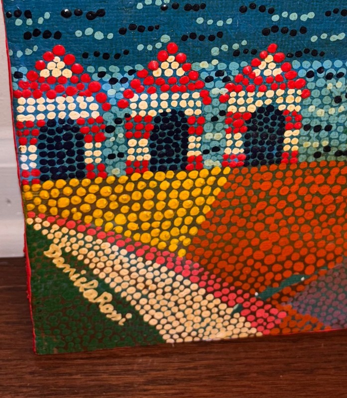 Vtg Amazing Antique Rainbow BEACH Scene COLORFUL DOT Painting ART gallery