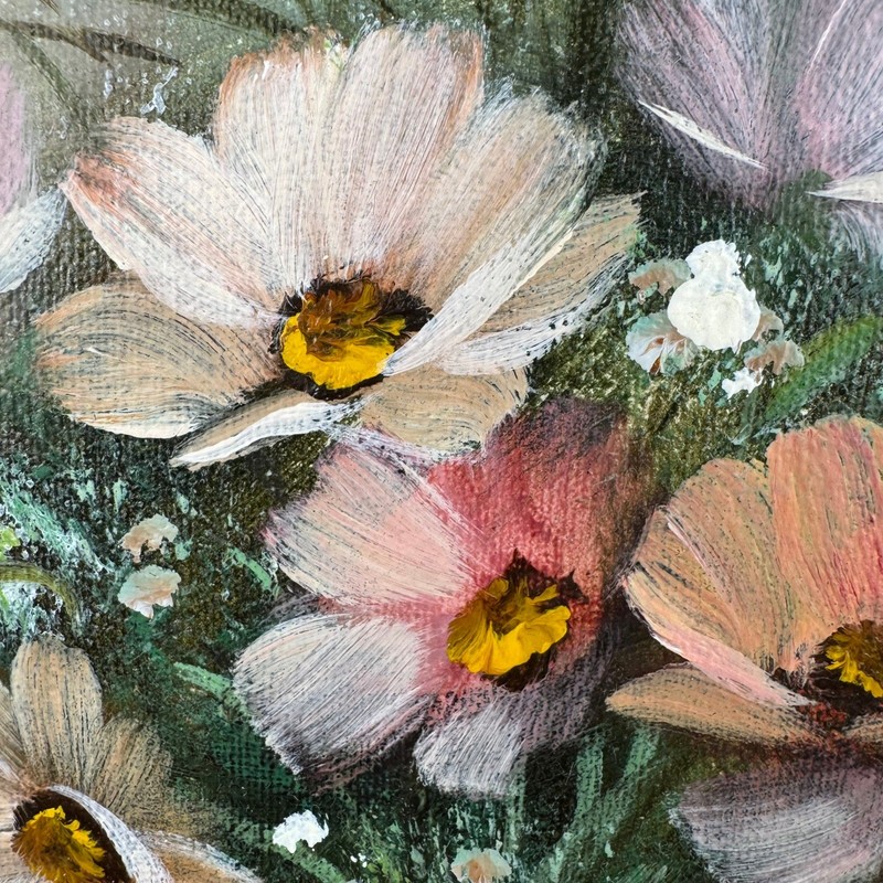 Vtg Dunston Floral Oil Painting Faux Bamboo Frame Flowers Cottagecore Art Boho gallery