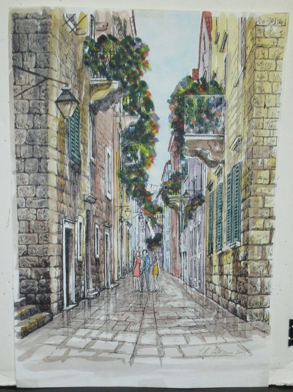 SALZBURG LARGE ORIGINAL WATERCOLOR BAVARIAN STREET SCENE PAINTING SIGNED