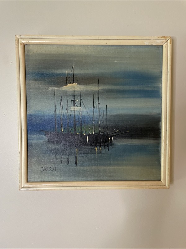 Original Oil Painting of Ship Signed Carlson Framed Vintage Art Nautical Decor