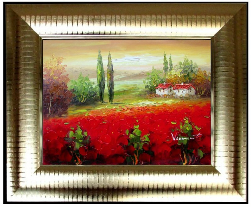 Framed Tuscany Field with Poppies 1, Quality Hand Painted Oil Painting, 12x16in