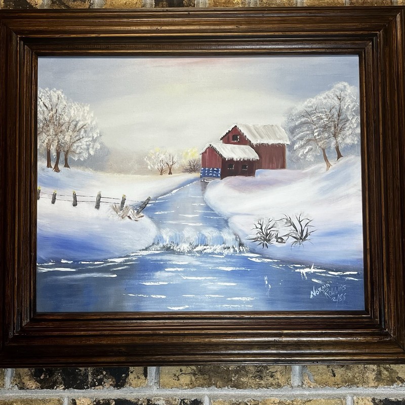 Vintage Oil Painting Winter Snow Red Barn Cabin River Scene Signed Framed 26×22