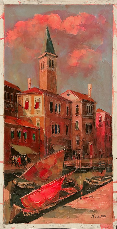 MILKO Signed Vintage MId-Lt 1960s Italian Painting VENETIAN CANAL SCENE Sunset