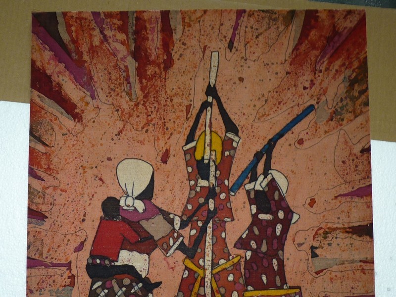 Vintage Signed African Oil Painting Kadufeki 3 Tribal Women Baby on Back 79 x 49 gallery