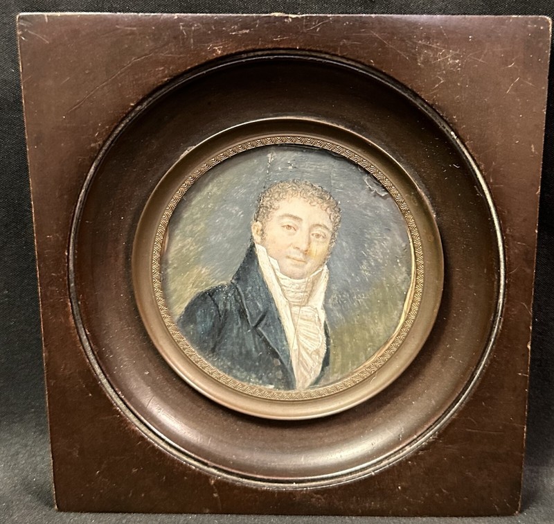 Antique Miniature Portrait Painting ca 1830s Young Curly Haired Gentleman
