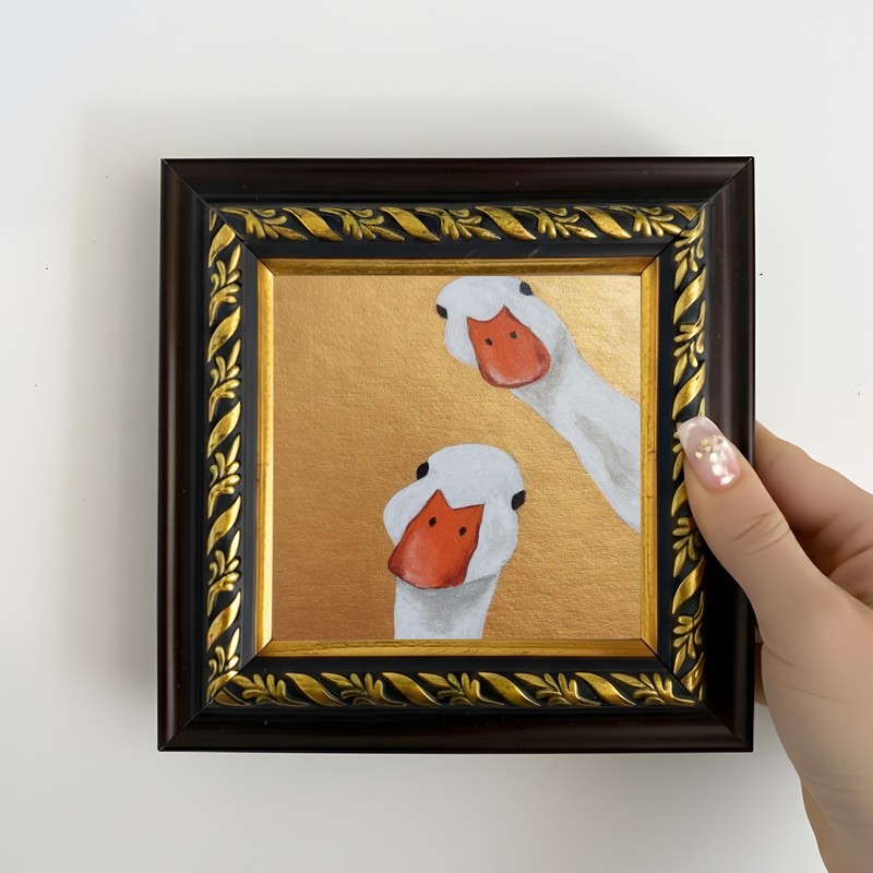Hand-Painted Duck Painting Framed Couple Goose Painting Original White Geese