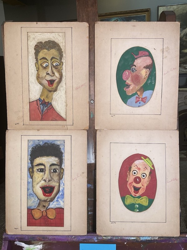 Vintage Mid Century Clown Folk Art Paintings Set of 4 Buster Keaton Jerry Lewis