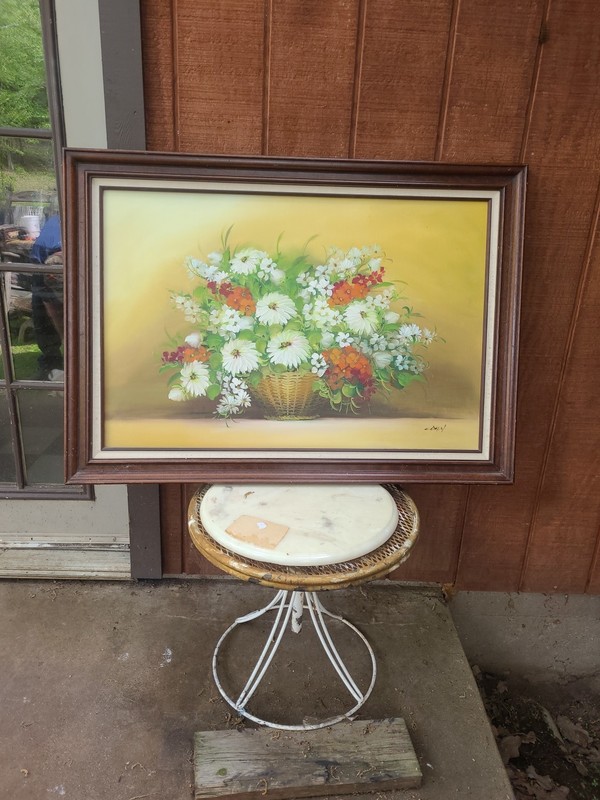 Large Vintage Oil On Canvas Floral Basket Painting Signed Framed Lohn? Cohn? gallery