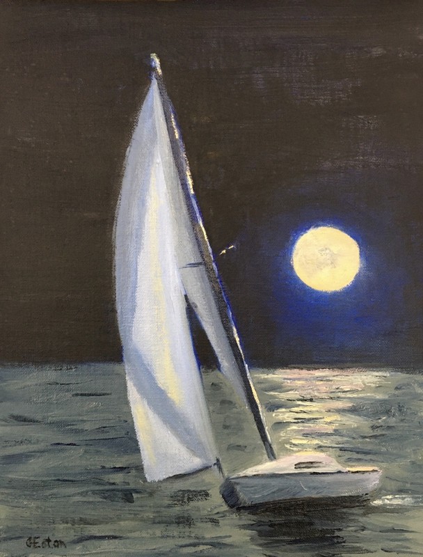 Charles Eaton, 12×9 Oil Painting, Moonlit sailboat, Great Lakes nautical