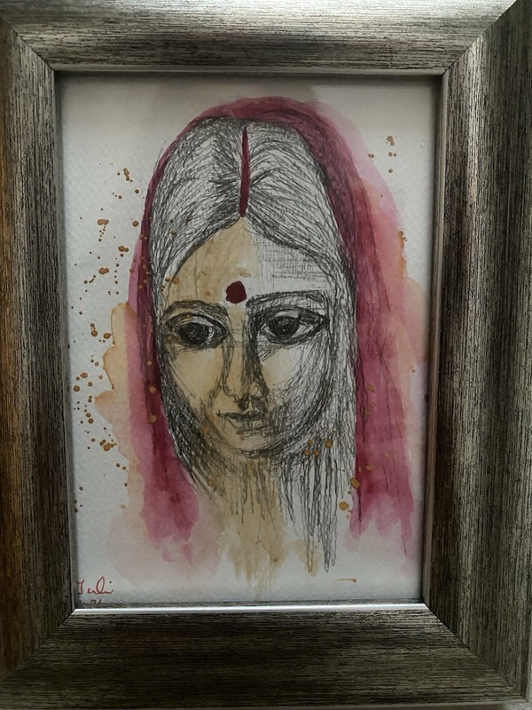 Original 5”x7” Ink And Watercolor Painting Woman Indian Culture Bride Art Signed