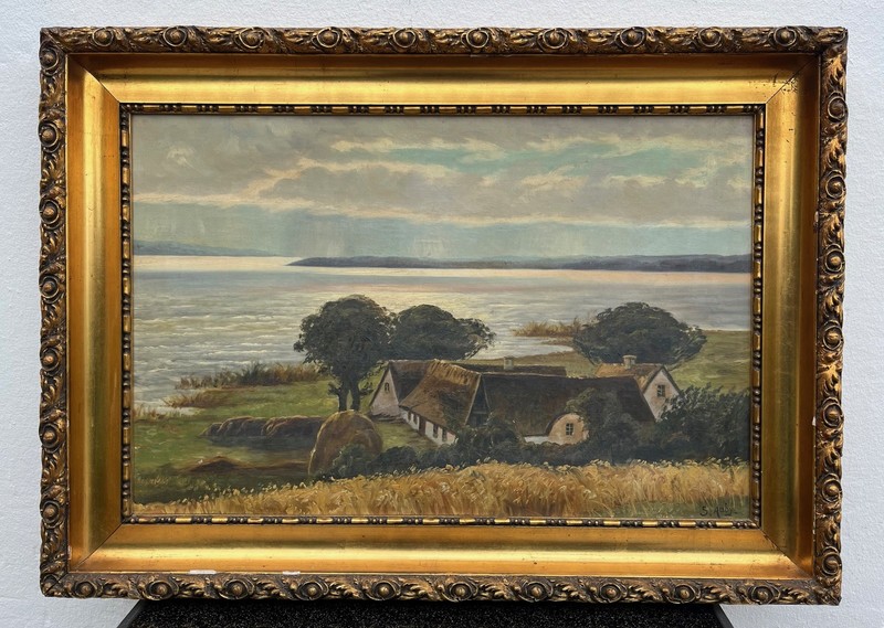 Oil Painting Impressionist Coastal Scene with Thatched Roof Houses 94,5x68cm gallery