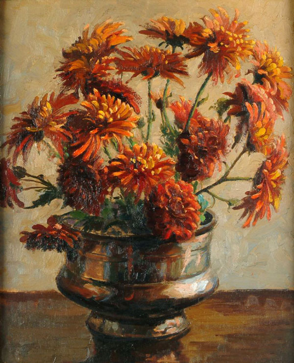 Hand painted art Oil painting Still life of Dahlias nice flowers in copper vase