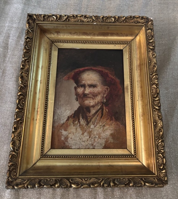 Shelf Sized Italian Oil Portrait Old Woman Nonna Vtg Oil On Wood In Frame 11×9