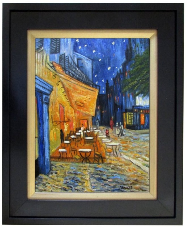 Framed Van Gogh Cafe Terrace at Night Repro, Hand Painted Oil Painting, 12x16in
