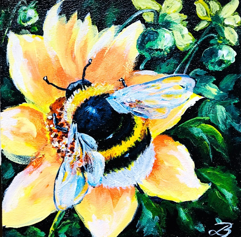 Bee Painting Mini 6 x 6" Bumblebee Original Artwork Book shelf decor