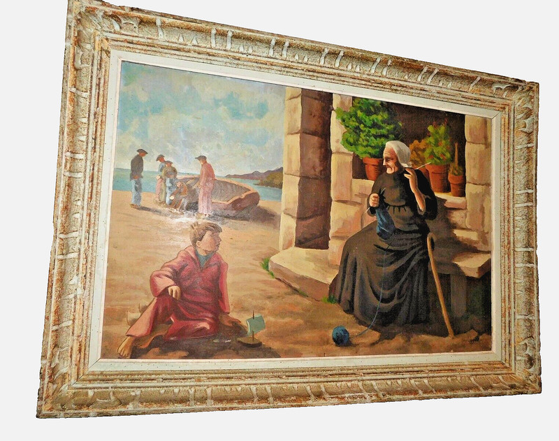 Antique LG French Antique 19th c Oil Painting Board Framed Signed 38 x 26 1/2